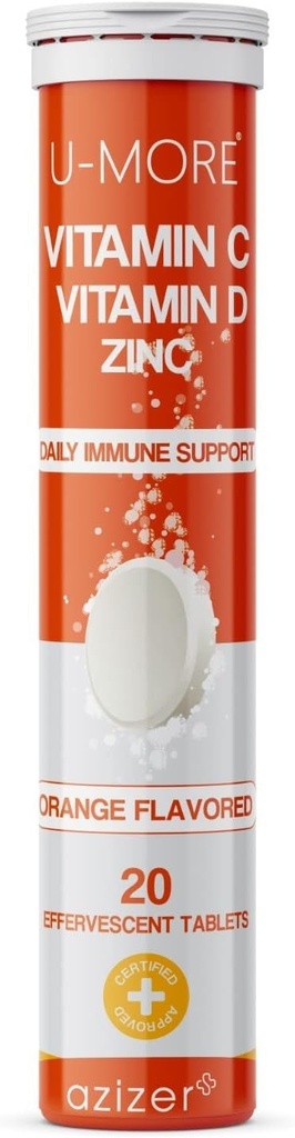 U-MORE Vitamin C 1000mg & Zink + Vitamin D, 20 Effervescent Tablets, Orange Flavor, Immununterstützungsergänzung, Schnellauflösen, Boosts Immunsystem, Unterstützt gesunde Haut, Haare und Nägel