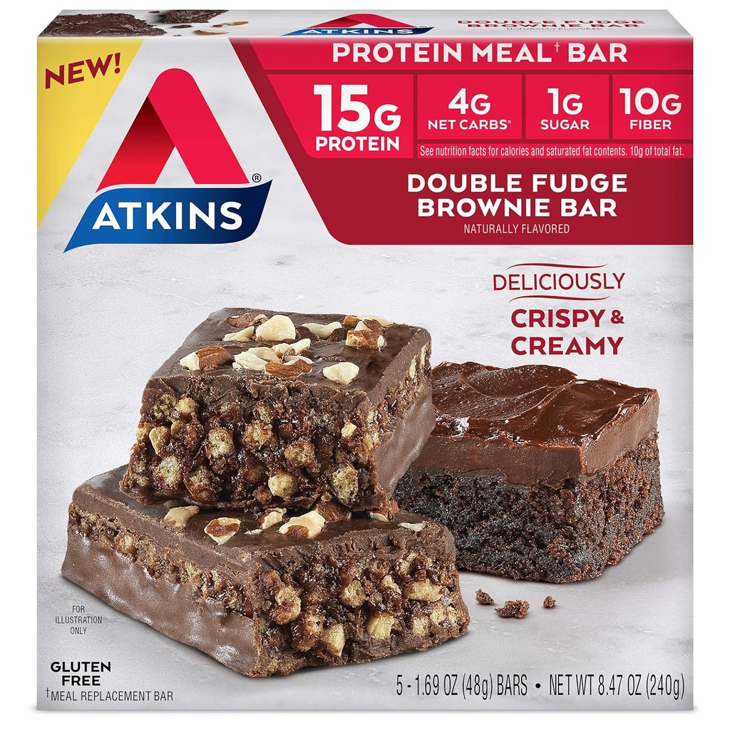 Atkins Double Fudge Brownie Protein Meal Bar, High Fiber, 15g Protein, 1g Zucker, 4g Net Carb, Meal Replacement, Keto Friendly