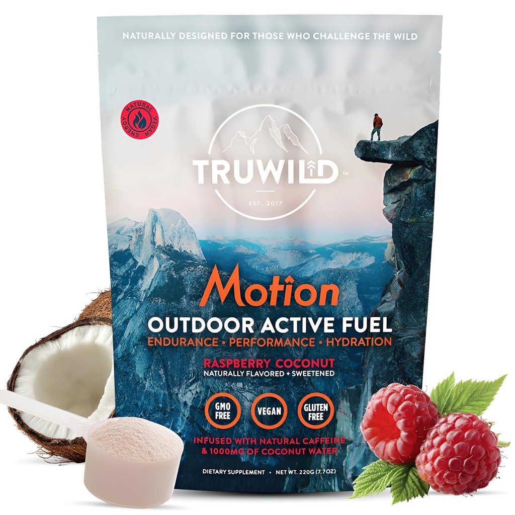 TruWild Motion Alle natürlichen Vor-Workout-Pulver-Mischung für Männer und Frauen mit No Jitters oder Crash, Ganze Lebensmittel-Pflanze basiert Vegan, Organisch mit Elektrolyten + BioPerine, 20 Portionen (Coconut Raspberry)