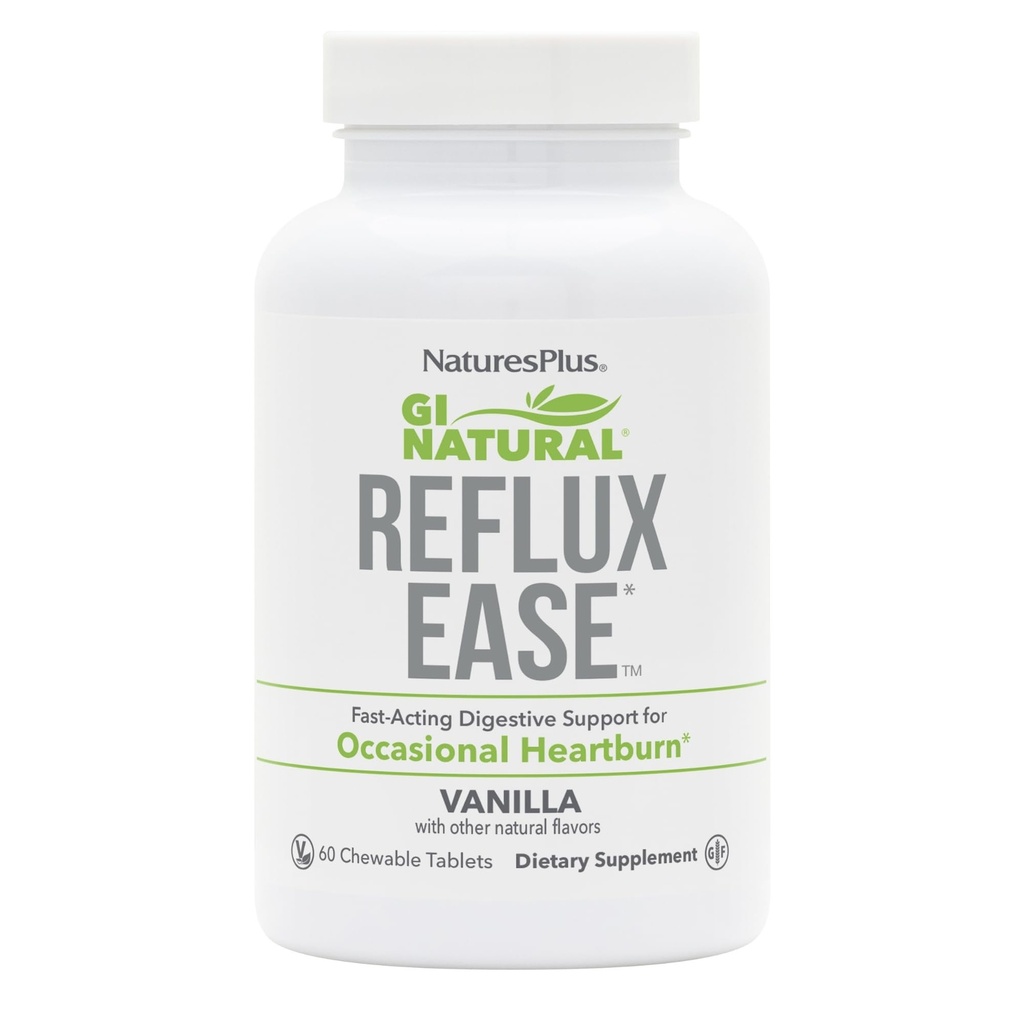 Natures Plus GI Natural Reflux Ease, Vanille - 60 comprimés à croquer - Soutien digestif à action rapide - Végétarien, sans gluten - 60 portions