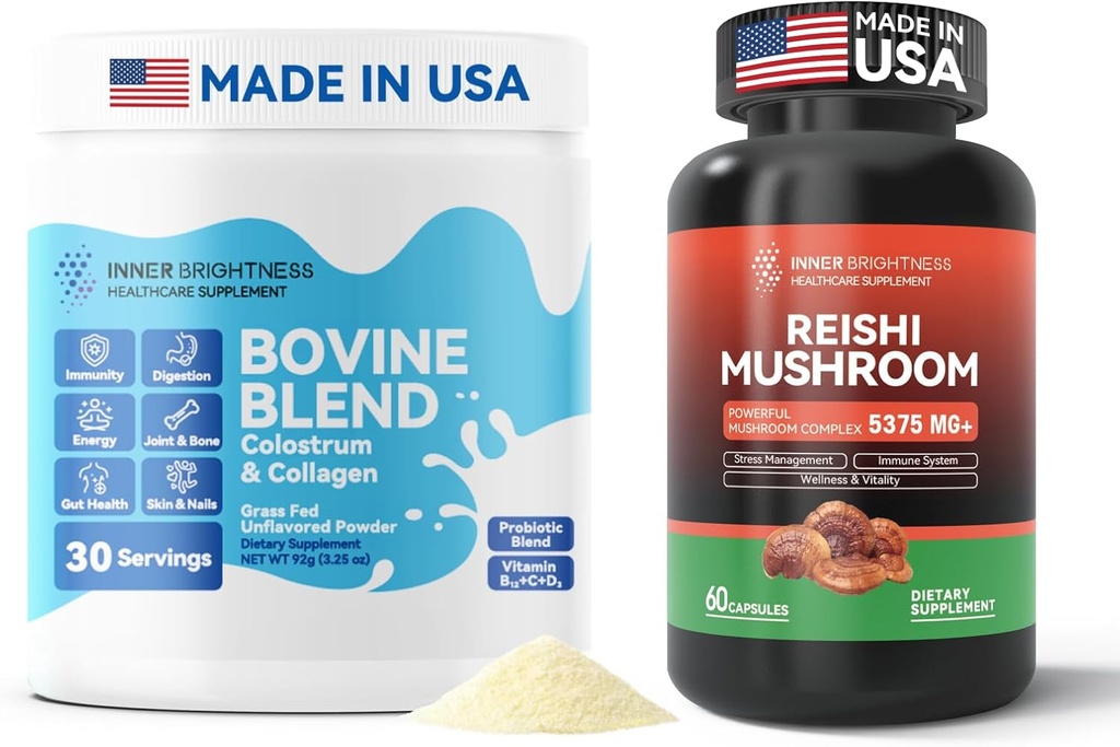 Bovine Colostrum & Collagen Polvere per la salute del fegato, il supporto immunitario, la crescita dei capelli e la bellezza supplemento + Reishi Mushroom supplemento con cordyceps