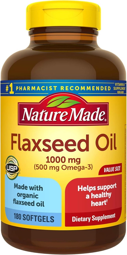Huile de lin 1000 mg de softgels, 180 Compte pour la santé cardiaque