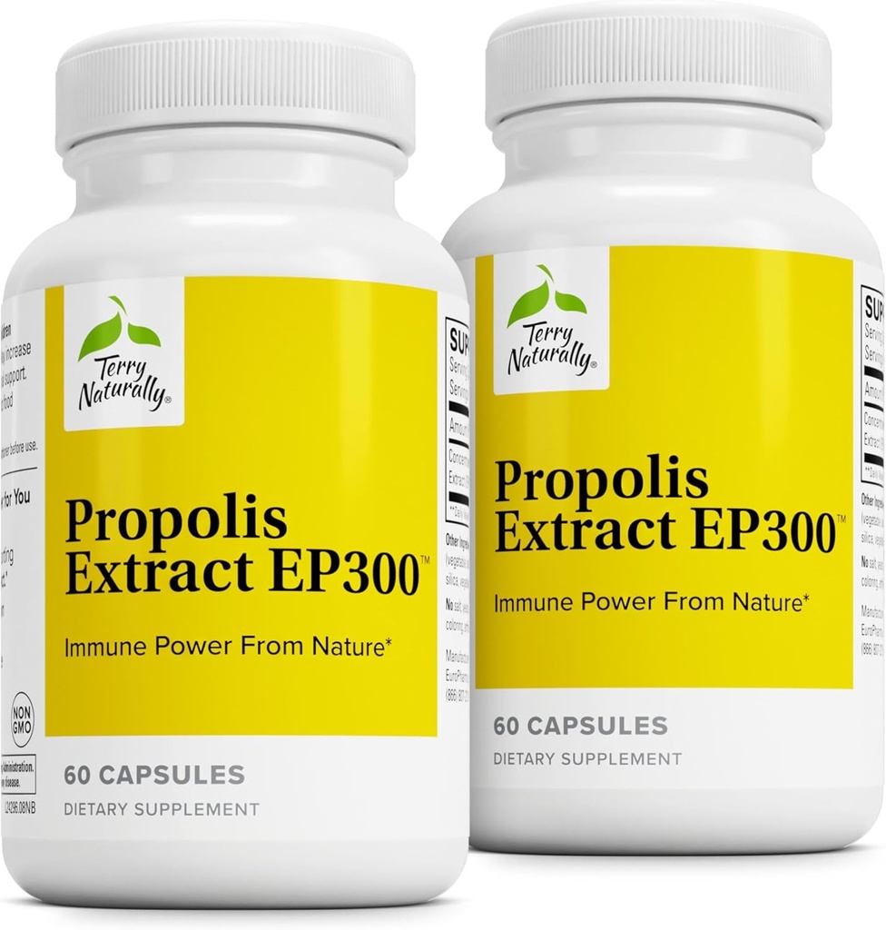Terry Naturally Propolis Extract EP300 - Upper Respiratory & Immune System Support Supplement - Child & Adult Supplement with Bee Propolis Extract - 60 Capsules, 2 Pack