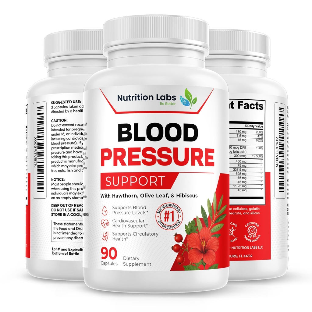 Soutien de la pression artérielle et de la santé cardiaque Supplément cardiovasculaire W/Hawthorn, Hibiscus. Support à l'oxyde nitrique pour le soutien normal de la pression artérielle W/Vitamine B12 et l'acide folique. 90 CT
