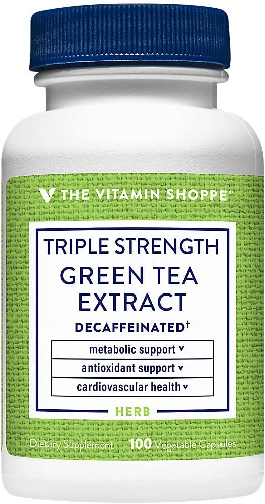 The Vitamine Shoppe Triple Strength Green Tea Extract 750mg Capsules avec EGCG – Un antioxydant naturel pour soutenir le métabolisme des graisses – combat les radicaux libres – décaféiné (100 capsules végétariennes)