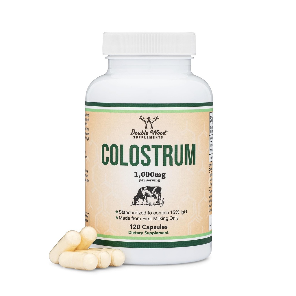 Supplément de colostrum 120 gélules, 1 000 mg par portion (poudre de colostrum de la première laiterie seulement, étalon pour contenir 15 % d'IgG Immunoglobulines) Pas de remplissage, tiers testé par double bois