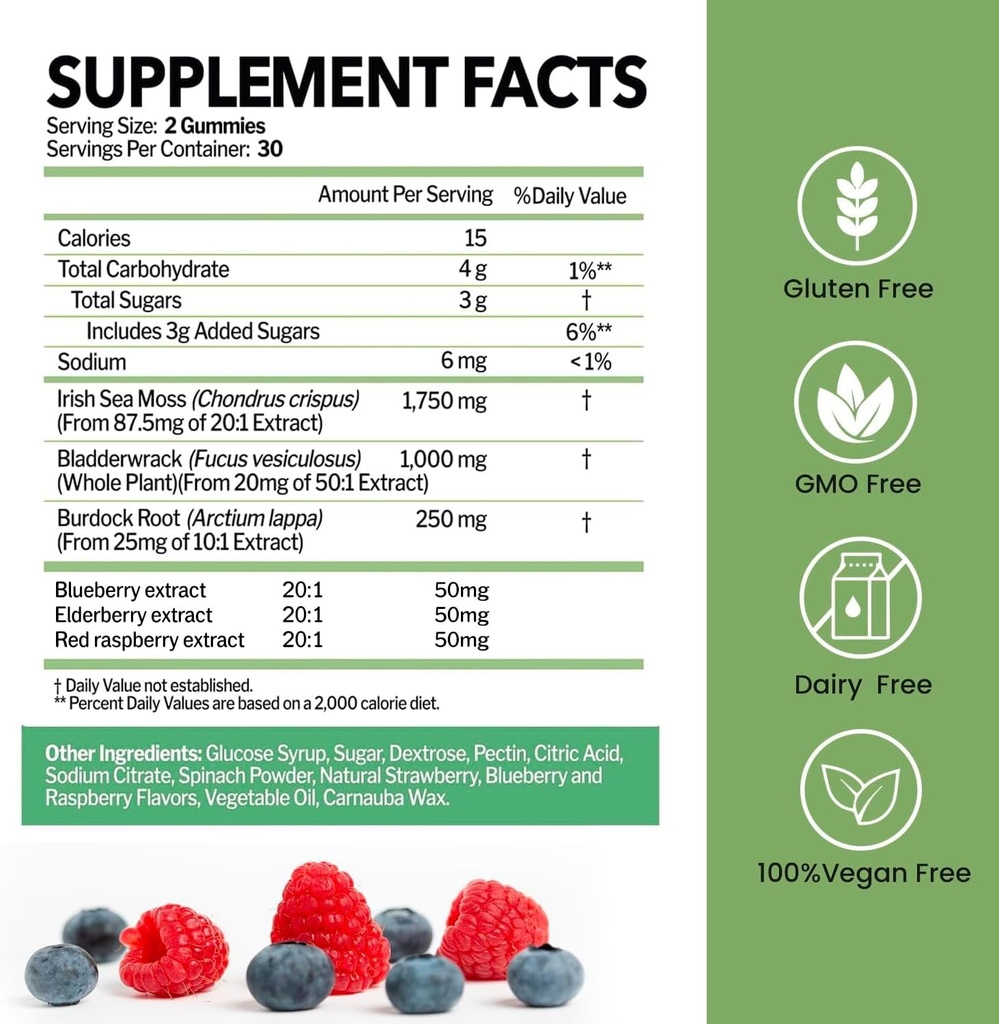 Sea Moss Gummies con Bladderwrack e Burdock Root | Wildcrafted Irish Sea Moss for Immune, Thyroid Support | 100% Vegan Dietary Supplements | Non-GMO, Gluten-Free, Dairy-Free | 60 Gummies
