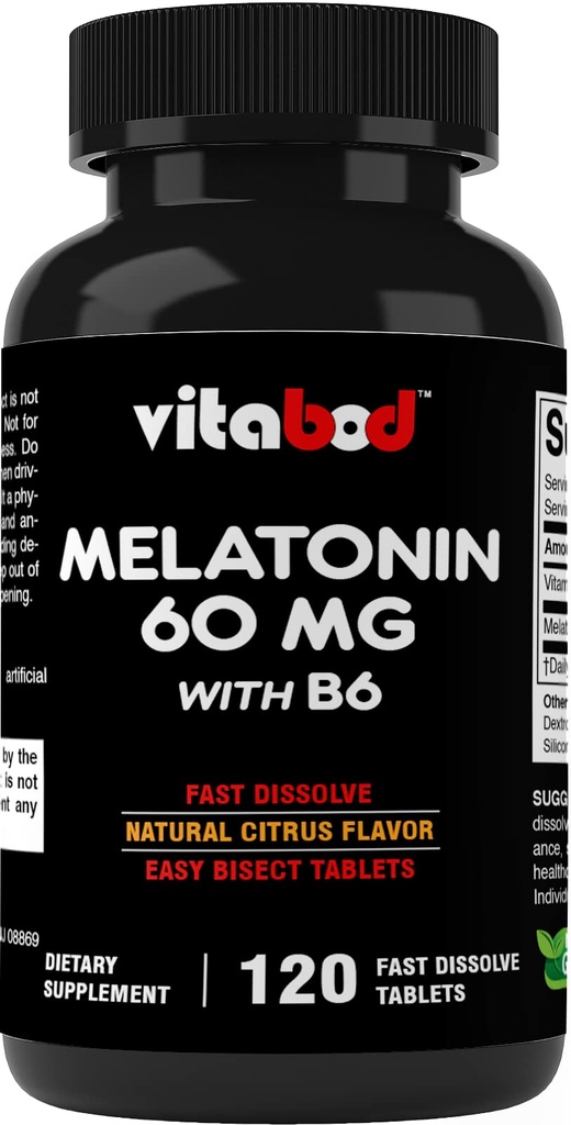 Melatonin 60 mg mit Vitamin B6 – 120 Fast Dissolve Tabletten Extra-Strength Sleep Support – Drug-Free – Natural Citrus Flavor – Vegetarisch, Non-GMO, Glutenfrei