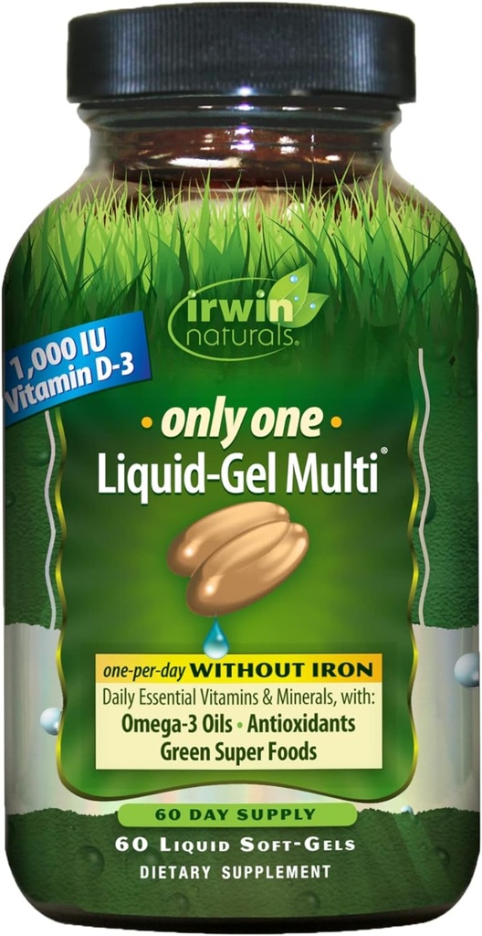 Irwin Naturals Only One Liquid-Gel Multi - 60 Liquid Softgels - No Iron Daily Essential Vitamins, Minerali, Antiossidanti, Omega-3 & Green Super Foods
