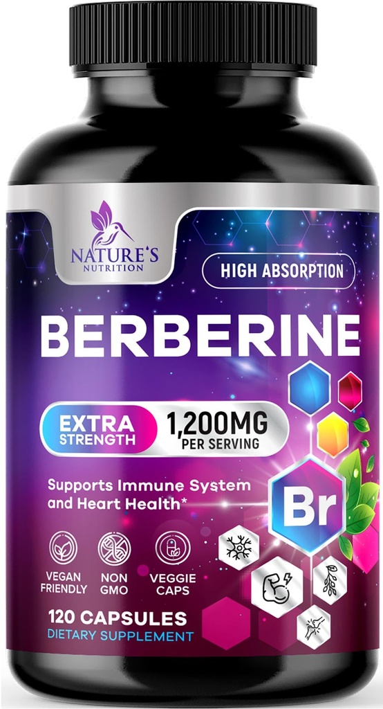 Supplément Berberine HCL 1200mg - Berberine HCI Capsules Supplément haute absorption pour la santé cardiaque et le soutien immunitaire, haute résistance, sans gluten, végétalien, non-OGM pilules - 120 Capsules Veggie
