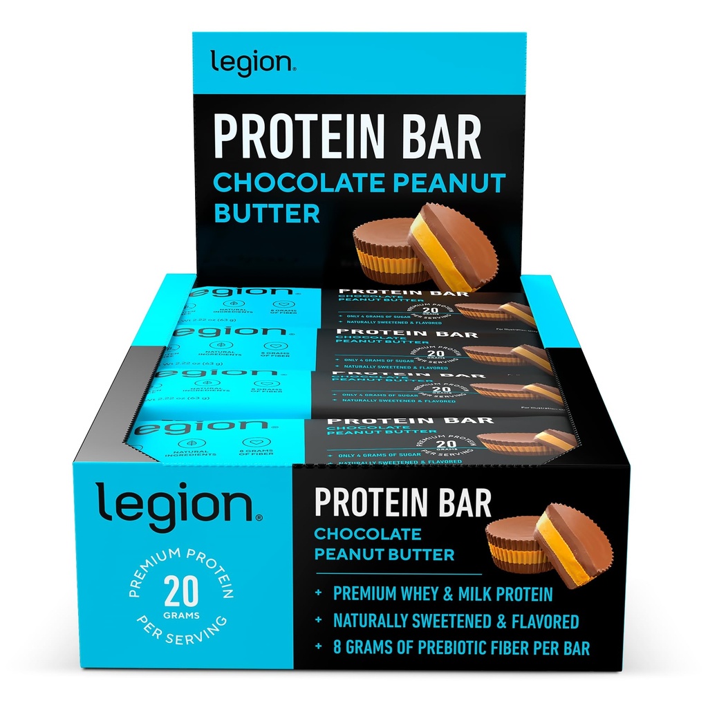 Legion Protein Bar Schokolade Peanut Butter -100% Whey Protein, Baked Bars mit Prebiotic Fiber - High Protein (20g) Low Fat (12g) Low Sugar (4g), No Soy, Gluten - Natural Flavors (12 Count)
