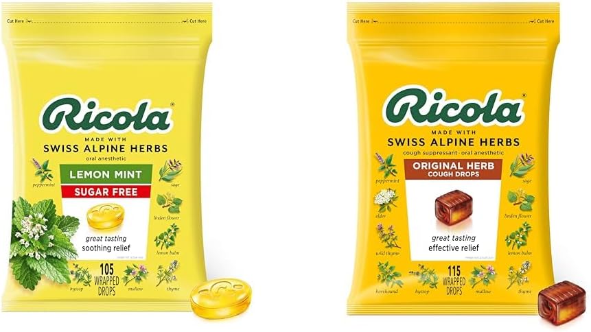 Ricola Sugar Free Lemon Mint Kräuter Cough Suppressant Throat Drops, 105ct Bag & Original Natürliche Kräutertee Tropfen, 115 Count, Cough Suppressant & Throat Relieving Drops