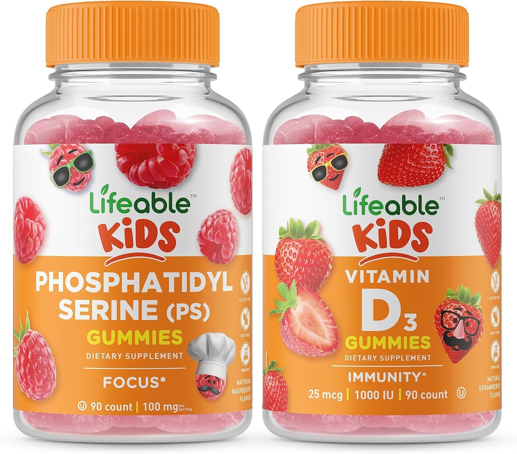 Phosphatidylserine (PS) Bambini + Vitamina D Bambini, Gummies Bundle - Grande Degustazione, Supplemento di vitamina, Senza glutine, OGM libero, pancia masticabile