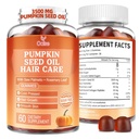 Gommie di olio di semi di zucca, 3500mg per porzione, pressato a freddo, con Palmetto di sega, Foglia di rosmarino, Zinco, Peptidi di collagene idrolizzato, Olio di semi di zucca per la crescita dei capelli, Vegan, 60 conti