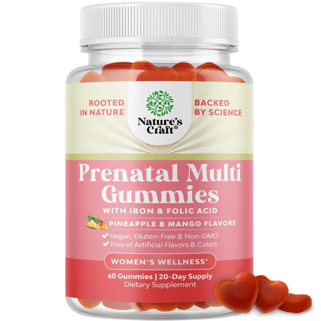 Gommies prénatales végétaliennes pour les femmes - Vitamines prénatales gommy pour les femmes avec acide folique de fer et mélange de surfruit - Vitamines à croquer Formule de gommy (mangue des pommes) Taille de l'essai
