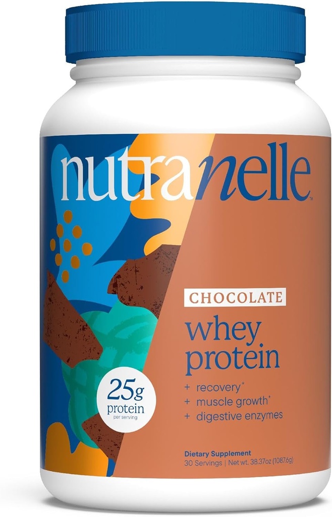 Nutranelle - Poudre de protéines de lactosérum au chocolat – 25 g d'isolat et de concentré de lactosérum par portion d'enzymes digestives pour la croissance et la récupération des muscles – Zéro addition de poudre à agiter de protéines de sucre