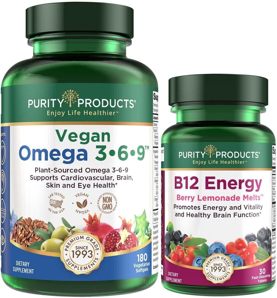 Prodotti di purezza Bundle - Vegan Omega 3-6-9 (180 ct) + B-12 Energy Melt Omega 3-6-9 (“5 in 1” Plant-Based Omega 3 6 9 acidi grassi essenziali) - B12 Berry Melt (Methylcobalamin B12 + B6 + D3 + Più)