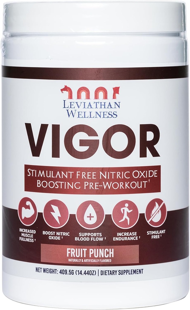 Vigor - Stimulant-Free Nitric Oxide Pre-Workout Powder | L-Citrulline (5000mg), Malic Acid (2000mg), GlycerPump (1500mg)| Fruit Punch| 30 Servings, 13.86g Each | Made in The USA