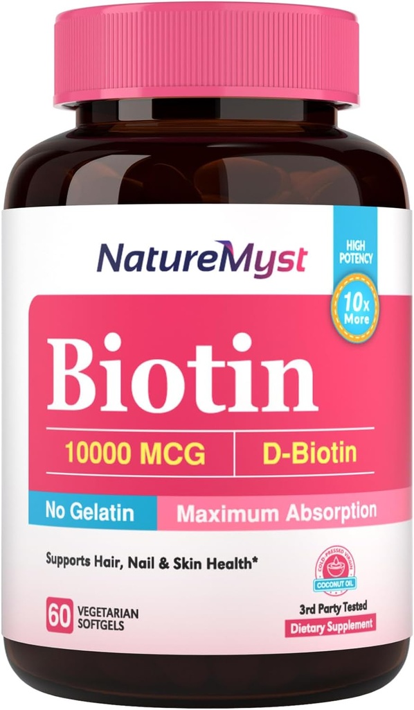 Biotina 10000 mcg, Alta Potenza, Biologicamente Attivo, Olio di cocco a freddo per assorbimento massimo, Senza Gelatina, Capelli, Unghie, Pelle, 60 Softgel vegetariani