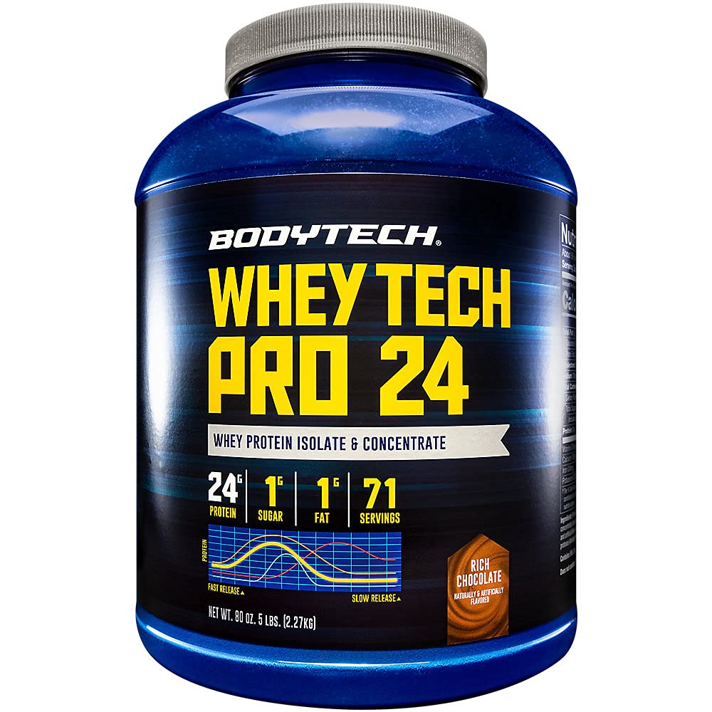 BODYTECH Whey Tech Pro24 poudre protéinée - Riche saveur de chocolat pour la croissance et la récupération musculaire, fournissant 24g de protéines par service pour la condition physique optimale et la performance (5 lbs / 71 portions)