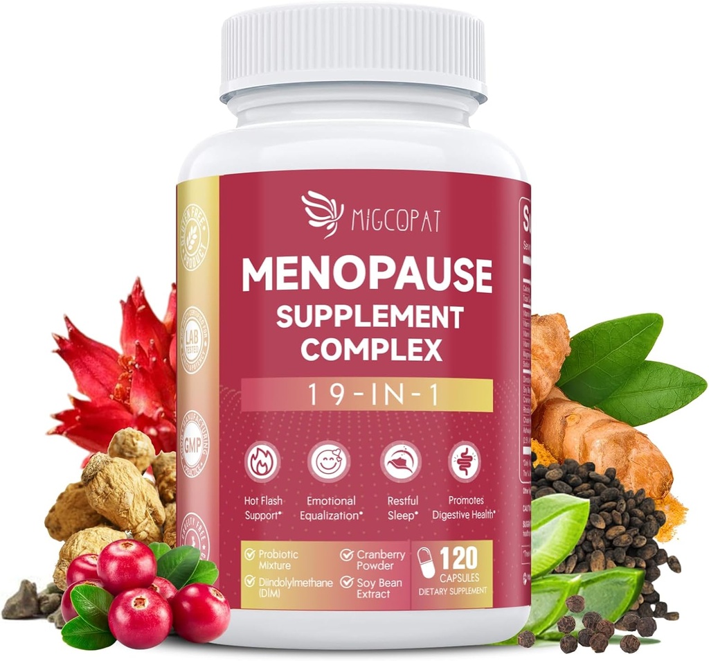 Menopause Ergänzungen für Frauen, 10 Billion CFU Probiotic, 19-in-1 Multivitamin&Ashwagandha Extract, DIM, Hormonal Balance, Unterstützung Hot Flashes, Nachtschwärmen, Stimmung, Sleep|Vegan, 120 Kapseln