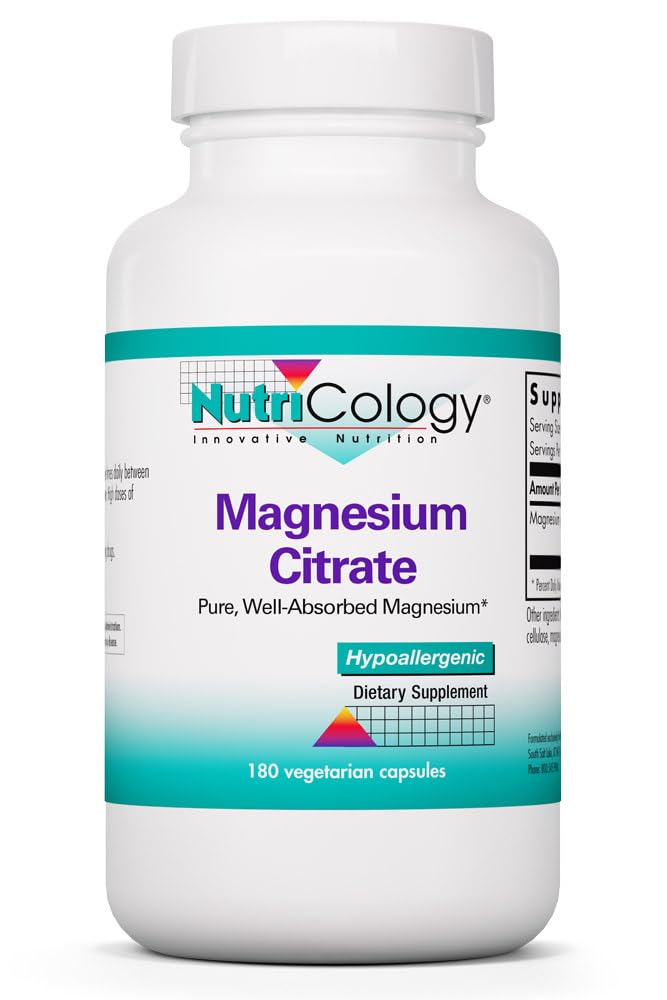 Nutricology Magnesium Citrate Nahrungsergänzung - Knochen & Stress Unterstützung, gut absorbiert, Allergiker, Vegetarische Kapseln, Glutenfrei - 180 Count