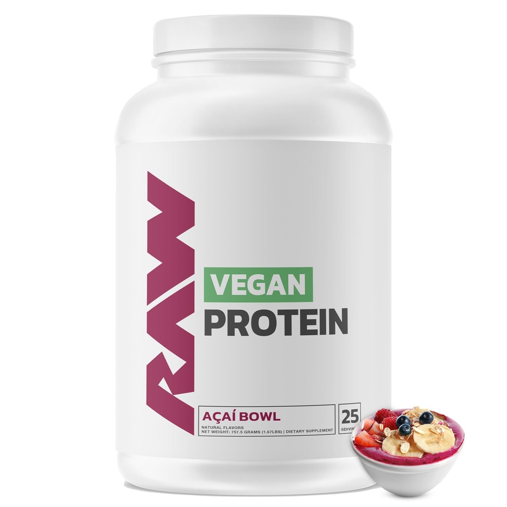 Polvere proteica vegana RAW, Acai Bowl - 20g di polvere proteica basata sulle piante e fortificata con vitamine per la crescita del muscolo e il recupero - Low-Fat, Carb basso, naturalmente aromatizzato & addolcito - 25 Serve