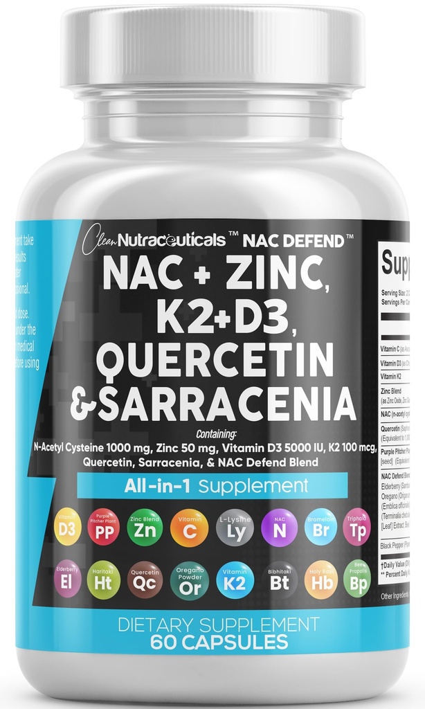 NAC Ergänzung N-Acetyl Cystein Vitamin D3 K2 Zink Quercetin Sarracenia Purpurea Immununterstützung | Elderberry Holy Basil Bee Propolis Bromelain L-Lysine Kapseln Ergänzungen für Frauen Männer Erwachsene