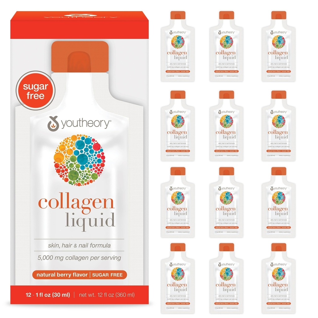 Liquido del collagene della teoria - 5.000 mg - per la crescita dei capelli, pelle e unghie* - Supporta il giunto, Bone e la salute del muscolo* - con aminoacidi - Aroma di bacche - 12 pacchetti di servizio singolo (12 giorni di alimentazione)