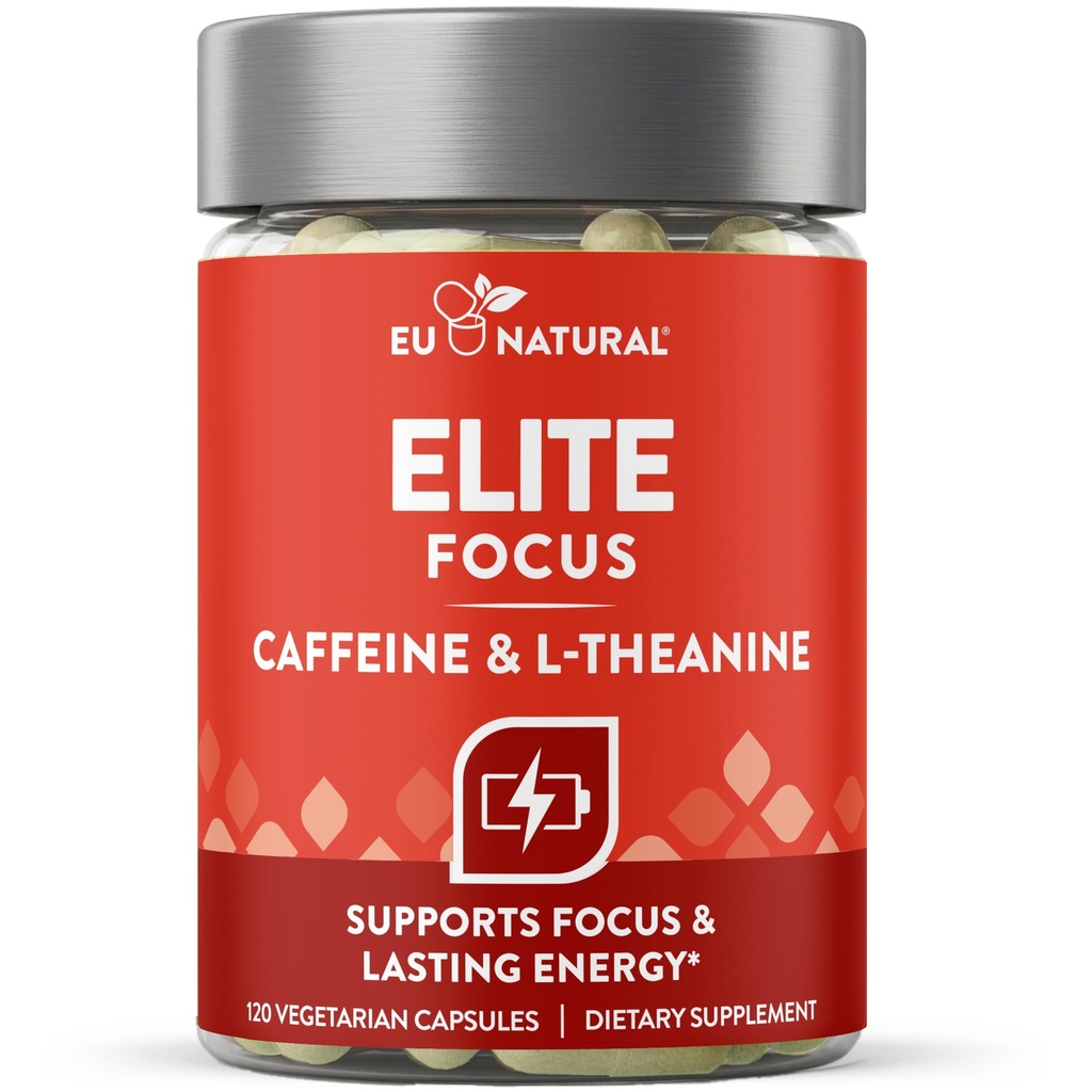 Pilules de caféine Elite avec L-Theanine – Suppléments d'énergie focalisés sans jitter – Stack nootropique propre et naturel pour des performances cognitives intelligentes – 120 capsules douces