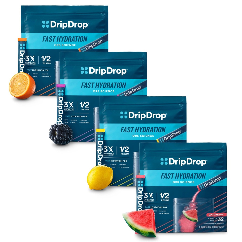 DripDrop Hydration - Electrolyte Powder Packets - Watermelon, Berry, Lemon, Orange - Valore Variety Bundle - 128 Count