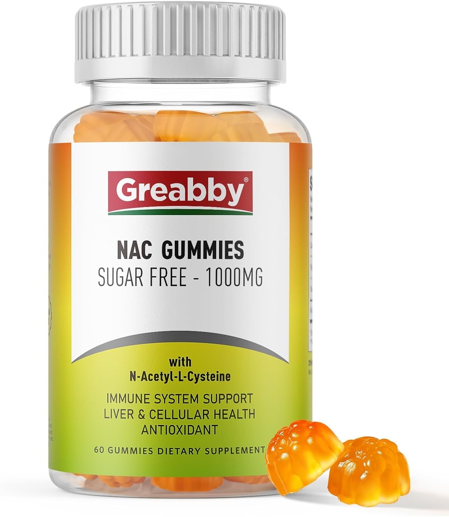 NAC Gummies Sugar Free, N acétyl Cysteine Supplément NAC 1000mg pour les antioxydants, la santé pulmonaire et hépatique, le soutien immunitaire, l'arôme orange végétalien, 60ct