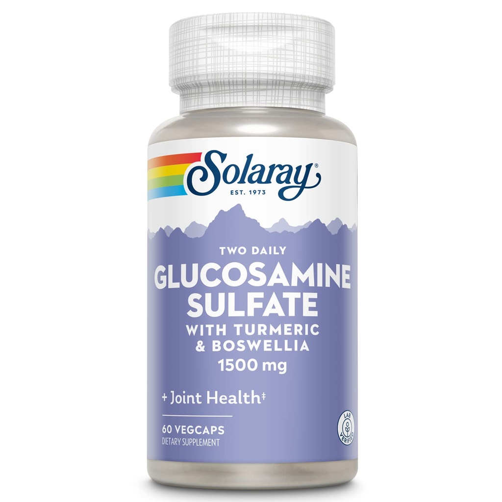 SOLARAY Glucosamine Sulfate 1500mg, Integratore di supporto congiunto sano, Potente tessuto connettivo e Formula di salute comune con Turmeric & Boswellia, Garanzia di rimborso di 60 giorni, 30 Serv, 60 VegCaps