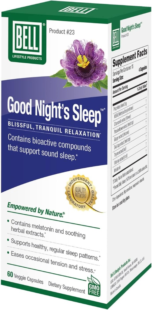 Bell Lifestyle Good Night's Sleep - Natürliche Schlafunterstützung mit Melatonin und Kräuterextrakten, unterstützt Relaxation & Schlafmuster, 60 Veggie Kapseln