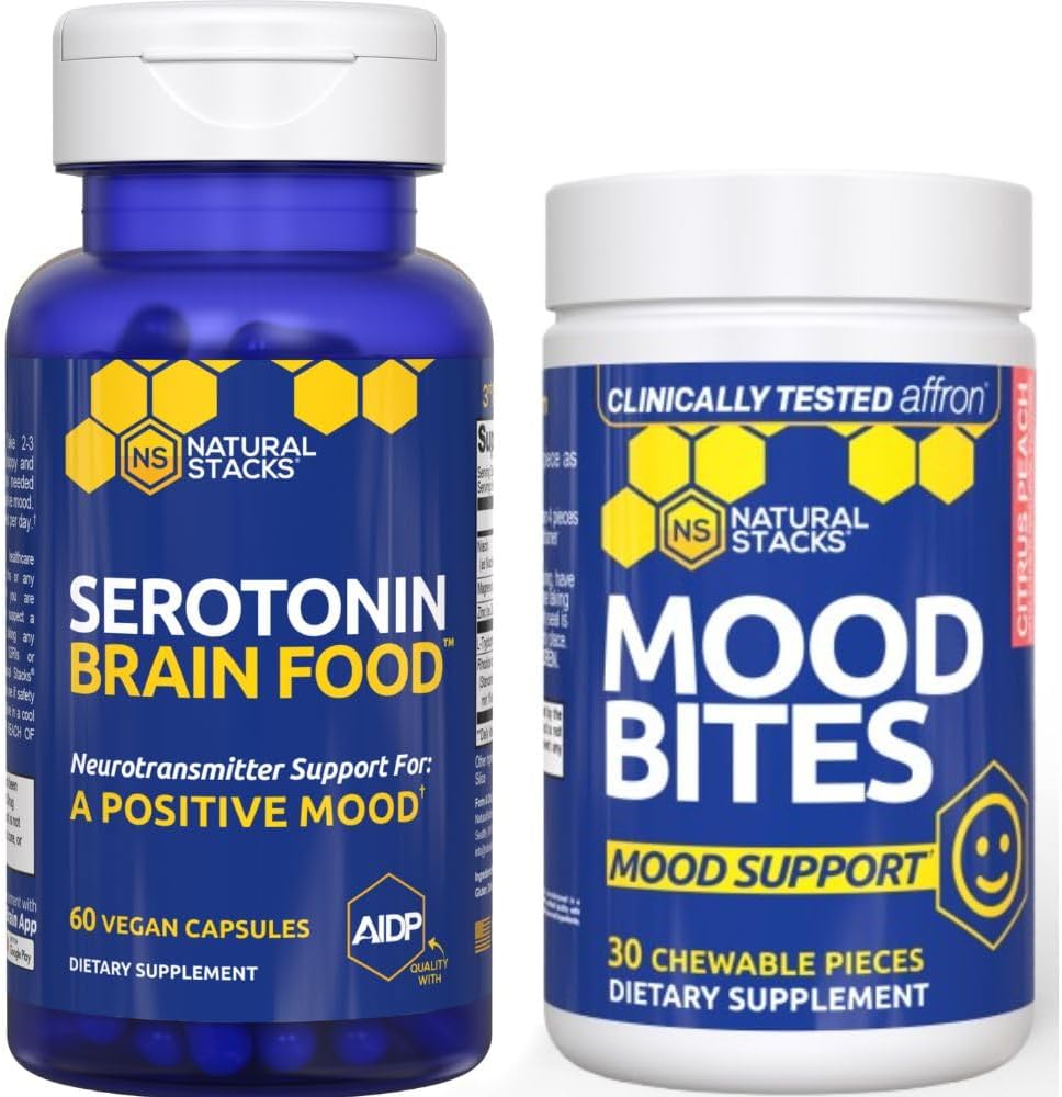 NATURAL STACKS Mood Bites + Serotonin Brain Food Bundle - Supporta un Positivo Mood & Stress Relief* - 90 pezzi totali