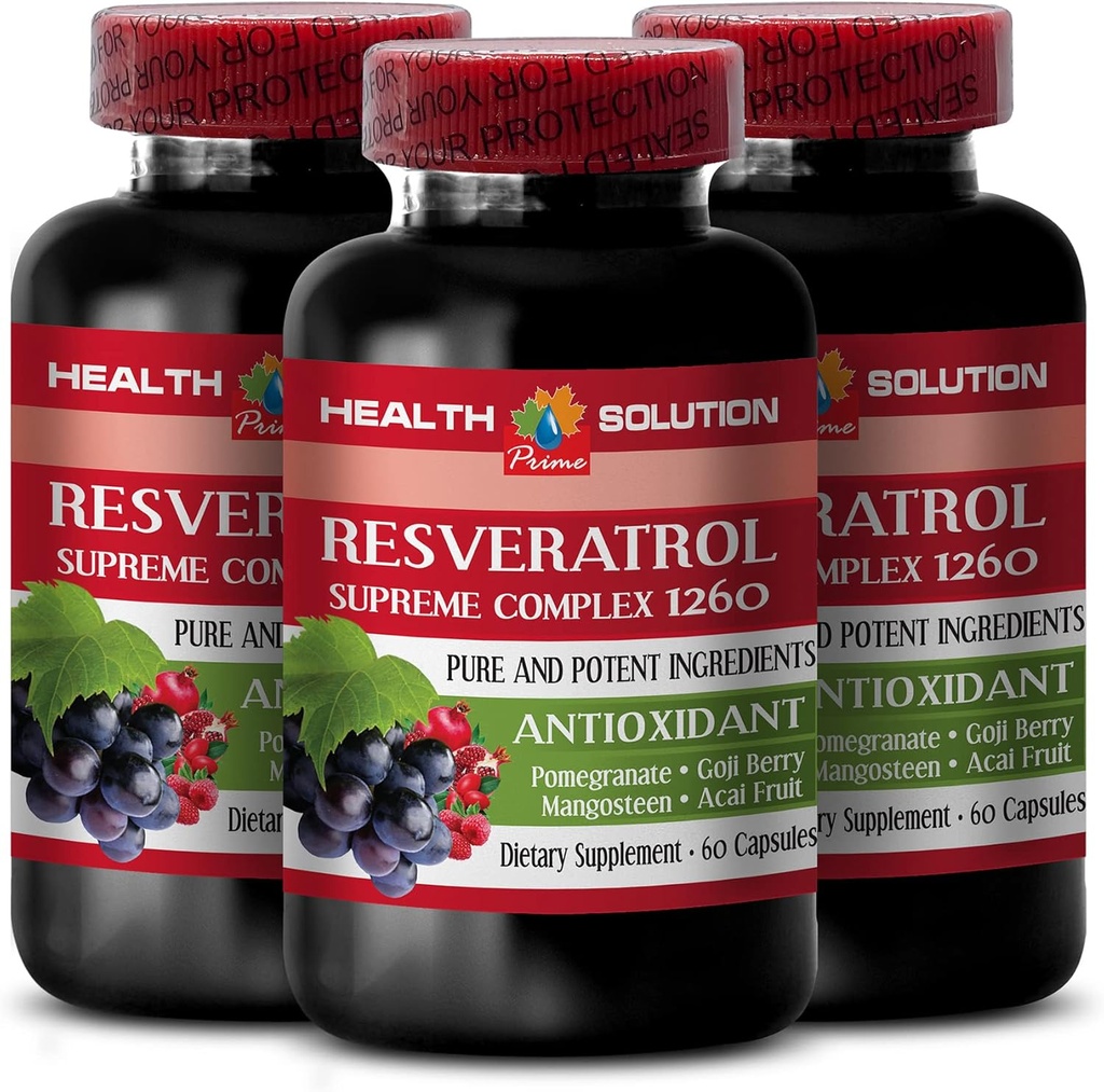 Amplifica la tua Stamina Naturale - RESVERATROL SUPREME COMPLEX - Estratto di Resveratrolo con Goji Berry, Acai, Noni, Pomegranate, Mangosteen, Superfruit Blend, Antiossidante, Supporto Immune, 3 Bot 180 Caps