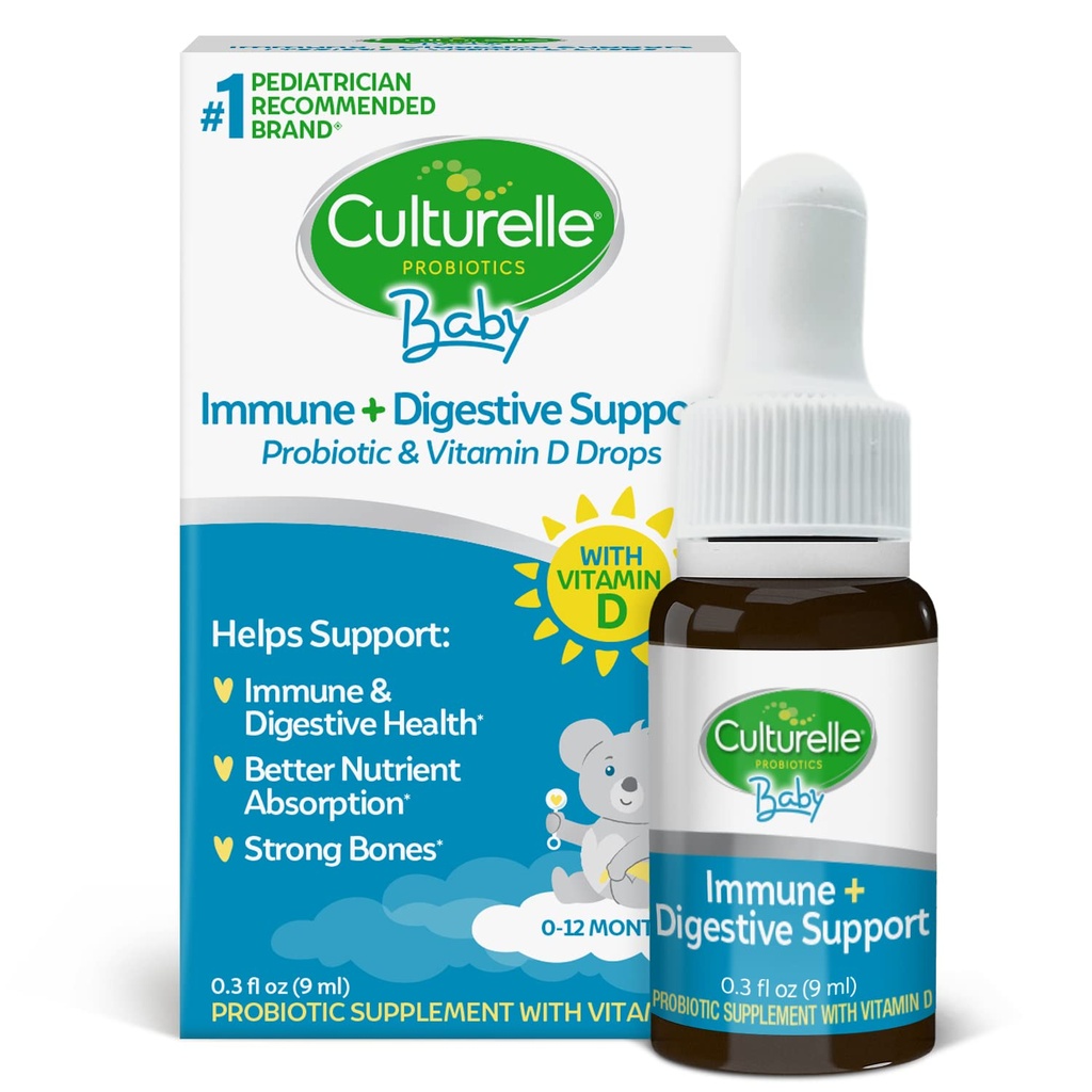 Culturelle Baby Probiotic Drops + Vitamina D, Immune & Digestive Health Support for Babies, Infants & Neonati 0-12 Mesi, 30 giorni di alimentazione, Gluten Free & Non-GMO, 9ml