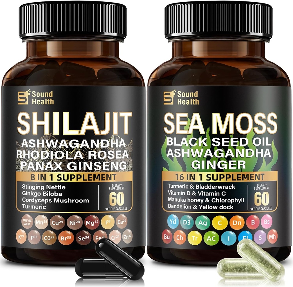 SoundHealth Irish Sea Moss & Shilajit Capsule Bundle für Herren & Frauen, Drittparty getestet, Non-GMO, Easy-Swallow & Vegan 120 Kapseln