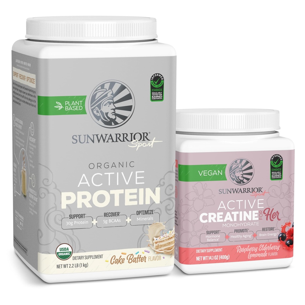 Sunwarrior Poudre Vegan Protéine USDA Organique , 20 portions, Cake Batter Aromatisé et poudre monohydratée de créatine pour elle , 50 portions micronisées, Lémonade de framboise aromatisée