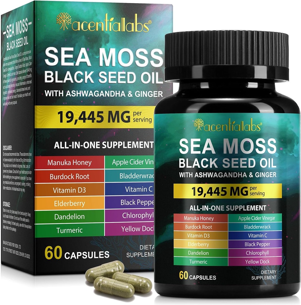 Sea Moss Black Seed Oil Kapseln, Ashwagandha Ginger Kapsel mit Vitamin C D3, Multi Blend Nahrungsergänzung für Immunität, Verdauung, Energie, Haut und Haar, Schwarz Seed Öl Sea Moss Kapseln, 60P