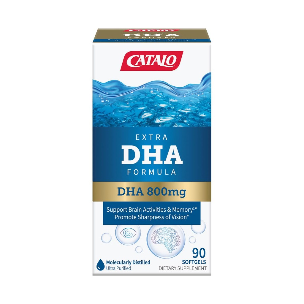 Formule extra DHA de CATALO, 800mg DHA par service, softgels d'huile de poisson de l'océan avec saveur de citron naturel, distillation moléculaire avancée, facile à avaler, pas de couleurs artificielles et conservateurs – 90 Softgels