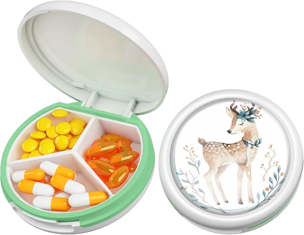 Serfeymi Small Pill Box - 3 scomparti Portatile Pill Box per Purse Pocket, Compact Mini Travel Pill Case - Adatto per Medicina, Vitamina, Olio di Pesce, Integratori - Bianco(Deer)