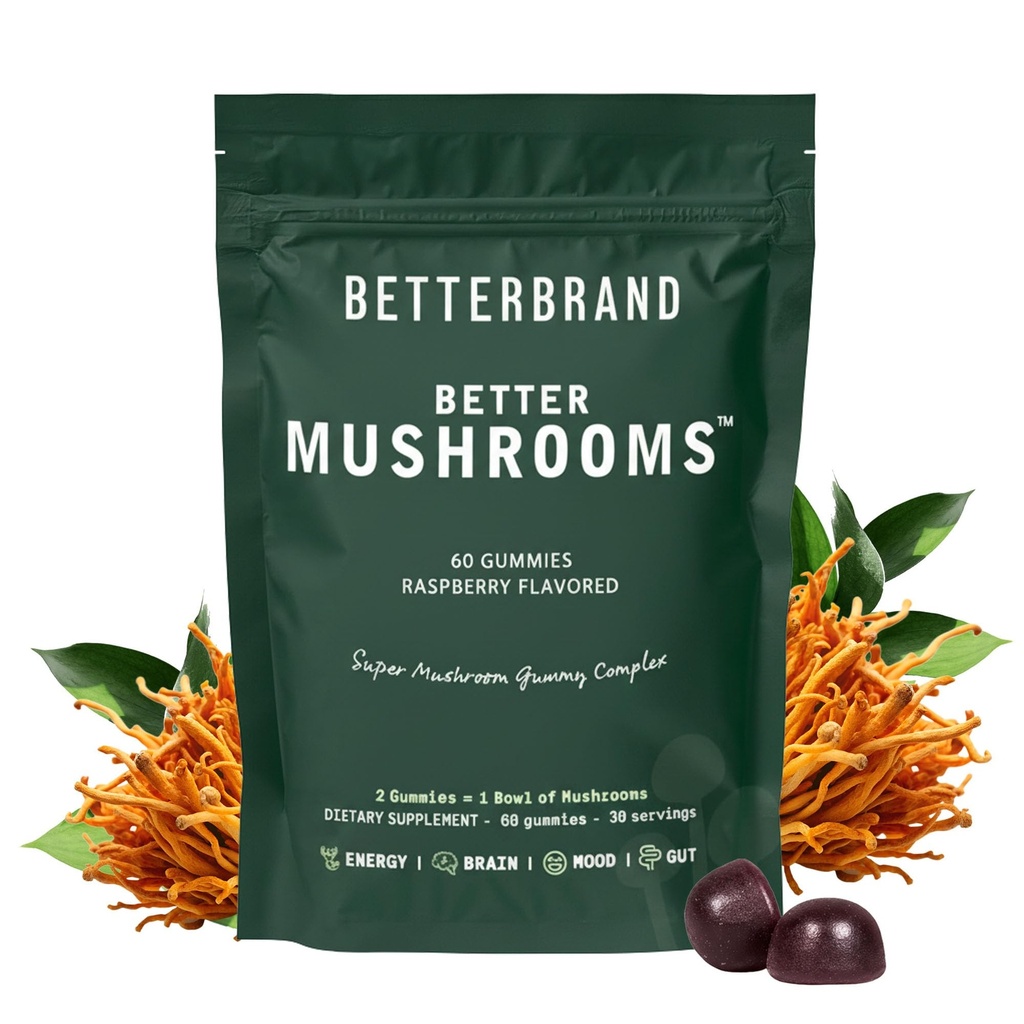 Betterbrand BetterMushrooms Nootropic Gummies - Unterstützt besseres Gut Gesundheit, kognitive Funktion, Psychische Klarheit mit 10 funktionellen Pilzen - 60 Gummis - Raspberry Flavor - Pack von 1