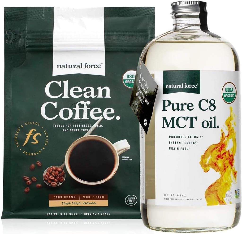 Natural Force Dark Roast Clean Coffee + Bio Pure C8 MCT Oil Bundle – 100% C8 MCT & Mold & Mycotoxin Free Coffee – Non-GMO, Keto, Paleo und Vegan - 12 Oz und 32 Oz