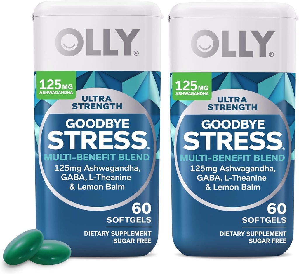 OLLY Ultra Forza Addio Stress Softgels Twin Pack, GABA, Ashwagandha, L-teanina e limone Balm, Stress Relief Supplement - 120 Conte