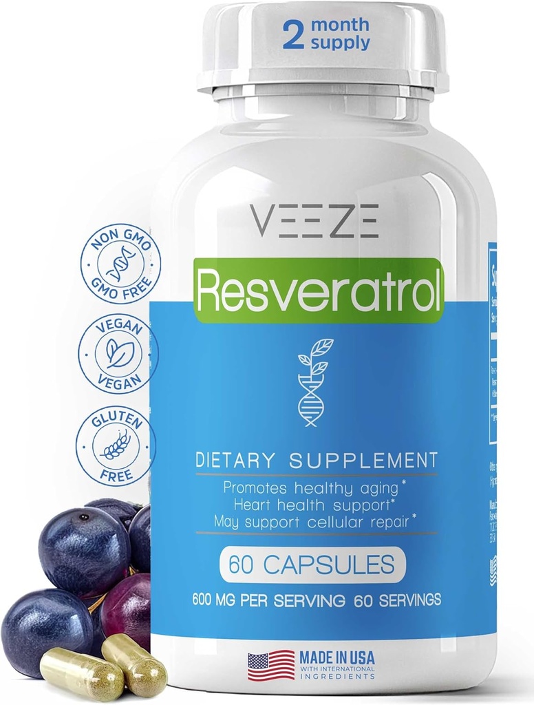 VEEZE Resveratrol Ergänzung 600mg 60 Kapseln & 60 Portionen - Made in USA Natürliche & organische Resveratrol - Reich an Antioxidantien & Trans Resveratrol für Wohlbefinden Unterstützung - Premium Organic Resveratrol