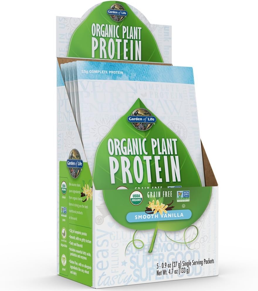 Garten des Lebens Organische Pflanzenprotein Glatte Vanille Pulver - Single Serving Packets (5-Pack) - Vegan, Getreide Free & Gluten Free Plant Based Protein Shake mit 1B CFU Probiotics & Enzymes, 15g Protein