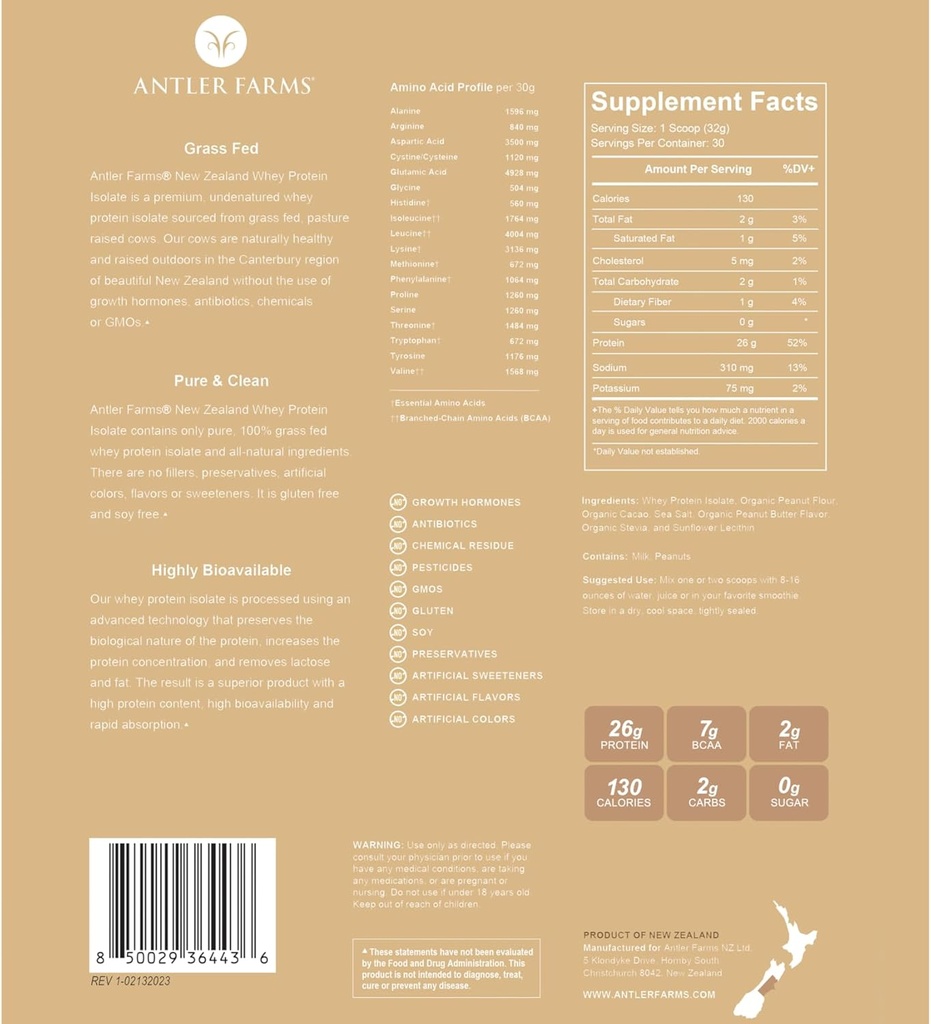 Geweihfarmen - 100% Gras Fed Neuseeland Whey Protein Isolate, Peanut Butter Schokolade Geschmack, 2 lbs - Rein und sauber, 7 Zutaten, Kalt verarbeitet