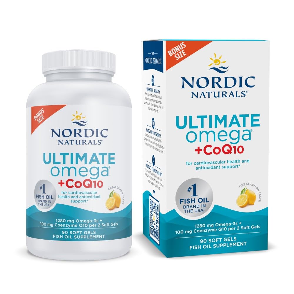 Nordic Naturals Ultimate Omega + CoQ10, Zitrone - 90 Soft Gels - 1280 mg Omega-3 + 100 mg CoQ10 - Herzgesundheit, zelluläre Energie, antioxidative Unterstützung - Nicht-GVO - 45 Portionen
