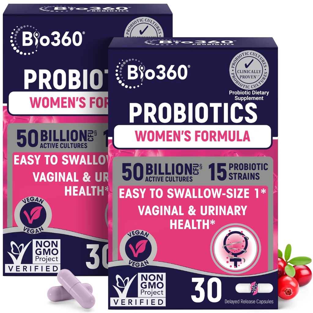 Bio360 Probiotici per la salute vaginale delle donne - Supporta l'equilibrio del pH, Vaginale, urinario e salute digestiva - 50 miliardi di CFU & 15 Strains unici per l'odore vaginale sano e flora vaginale - Shelf stabile